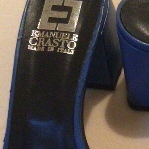 Leather Cobalt blue slides with block heel with laser cuts.